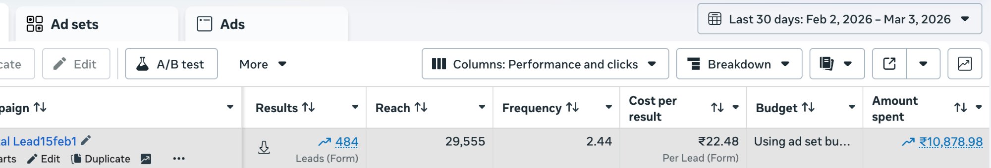 Meta Ads showing 484 leads at Rs 22.48 per lead